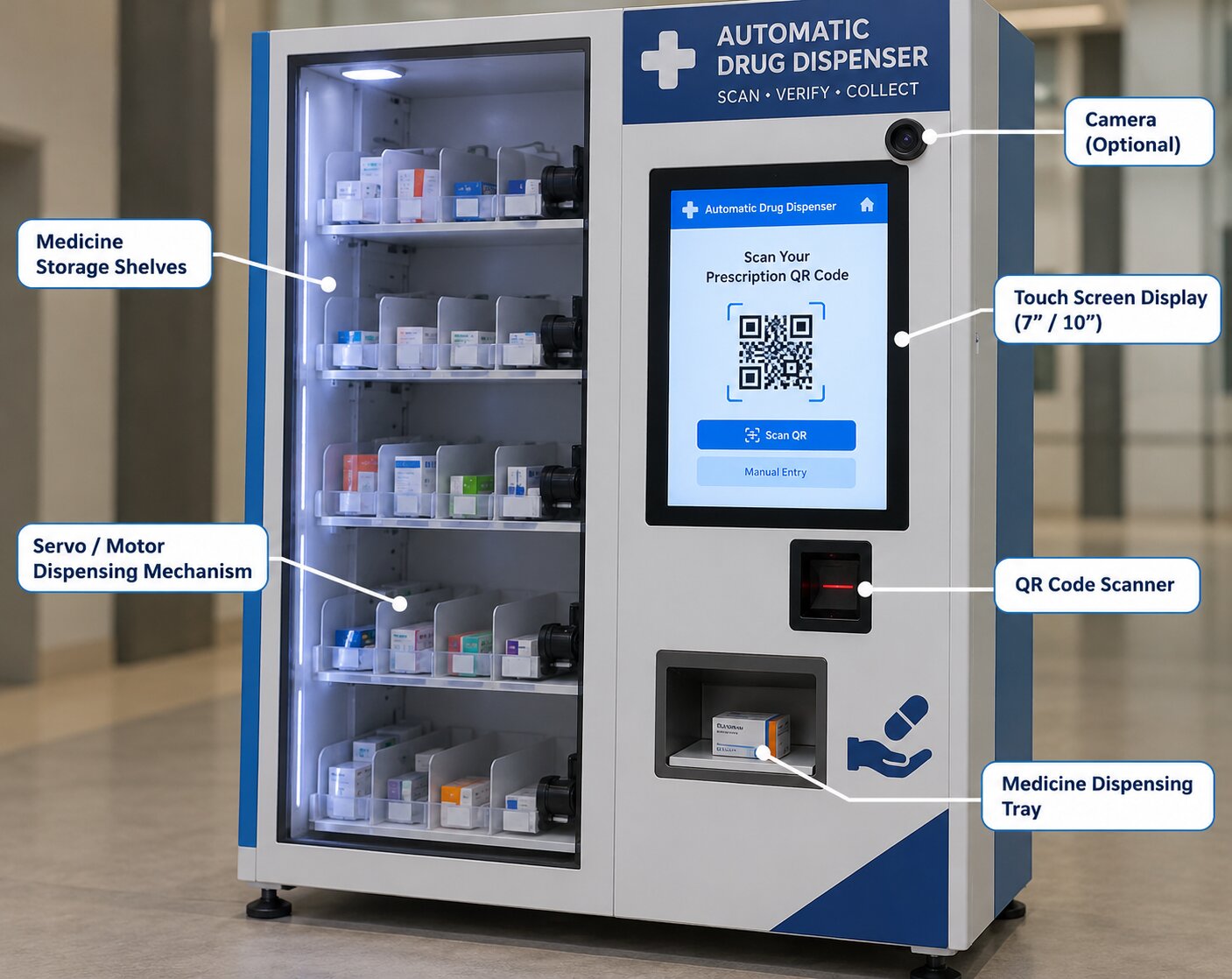 Automatic Drug Dispenser kiosk with medicine shelves, touchscreen, QR scanner and dispensing tray